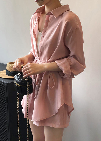 Pieces Shorts Up Lace Two Set Shirts Silk Pockets Pink And Loose FashionChic