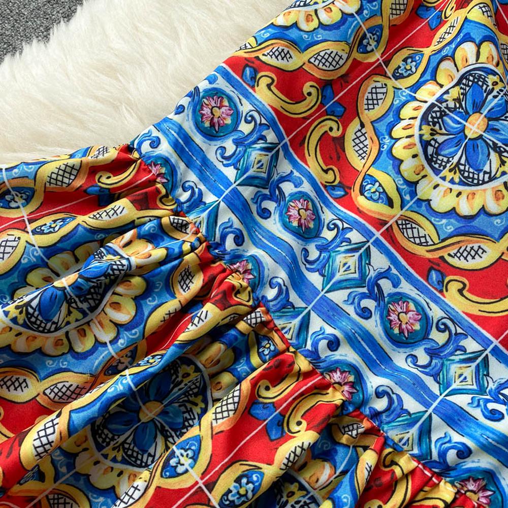 Retro Blue Square Neck Contrast Color Print Bow Decor Strap Ruffled Hem Dress AR1024 shopify