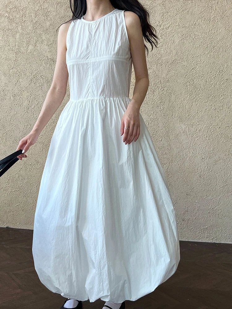 Patchwork O-neck Dress Simple Sleeveless Blue Puff Hem FashionChic