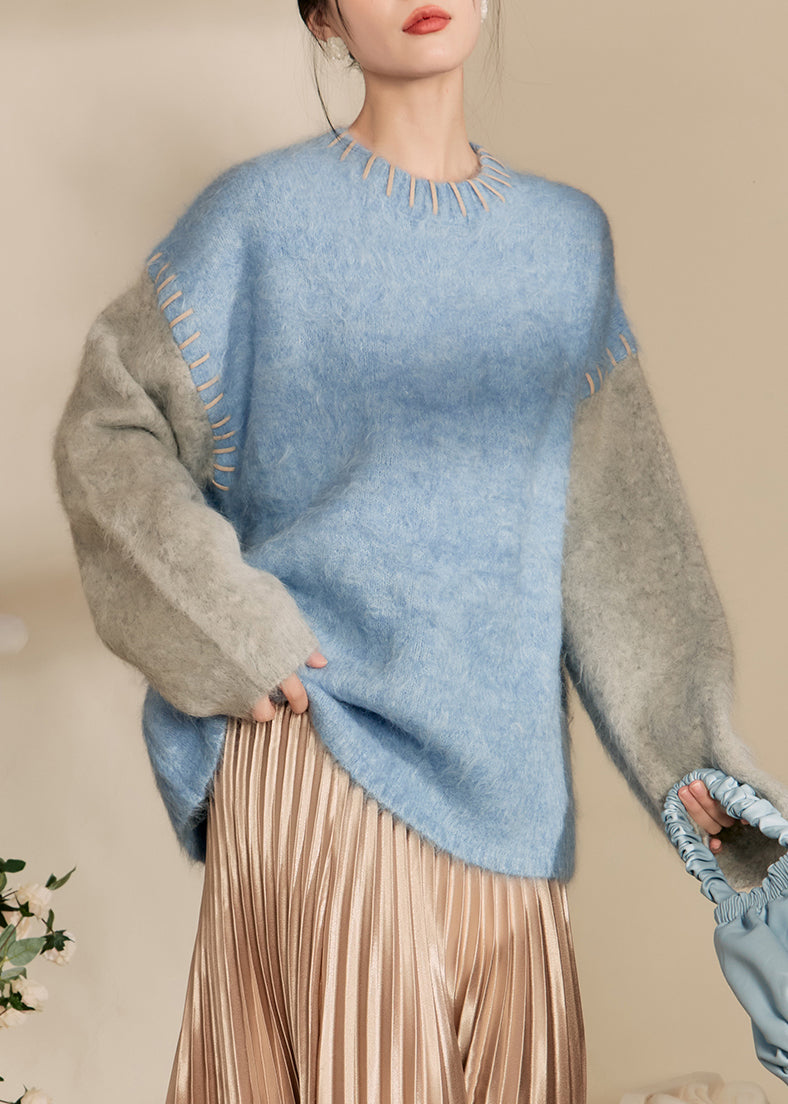 Loose Blue O-Neck Patchwork Thick Cotton Knit Sweaters Winter RY004 ABC