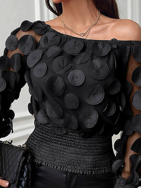 Chic Black Dot Round-Neck See-Through Puff Sleeve Tulle Blouse TT1036 shopify