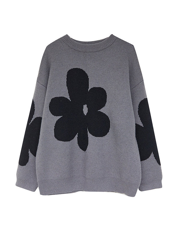 Cute Loose Black Round-Neck Contrast Color Flower Long Sleeve Sweater AN1070 Genistyle Shop