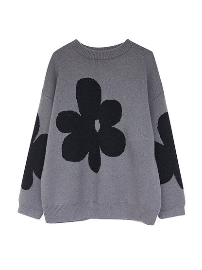 Cute Loose Black Round-Neck Contrast Color Flower Long Sleeve Sweater AN1070 Genistyle Shop