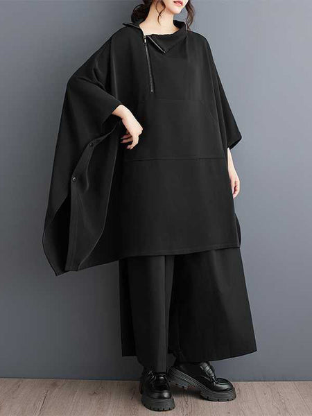 Simple Loose Black Mock Neck With Zipper Buttoned Pockets Batwing Sleeves Sweatshirt WS016 shopify