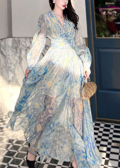 New Blue V Neck Print Chiffon Long Dresses Long Sleeve AJ1039 shopify