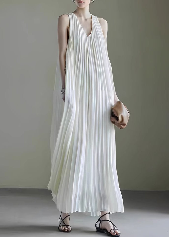 Wrinkled Long Dress Simple Neck V White Sleeveless Chiffon FashionChic