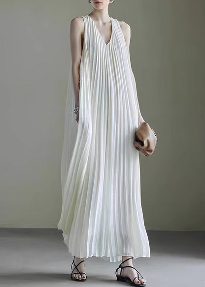 Wrinkled Long Dress Simple Neck V White Sleeveless Chiffon FashionChic