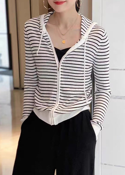 Loose White Zippered Patchwork Striped Wool Knit Hooded Cardigans Fall QP021 OL-NCT241001