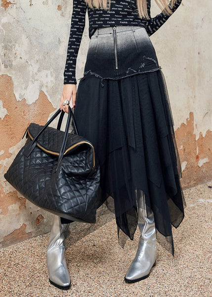 Stylish Black Asymmetrical Tulle Patchwork Denim Skirt Spring TT1008 shopify