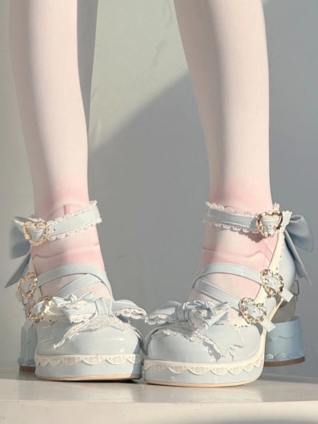 Shaped Romantic Heart Bow with Cake Sweet Mary Heel Lolita Shoes Blue in Platform Closure High-heel Jane FashionChic