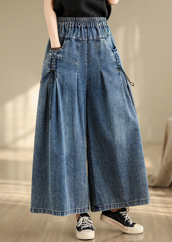 Summer Pants Strap Wide Wrinkled Denim Blue Cross Leg FashionChic