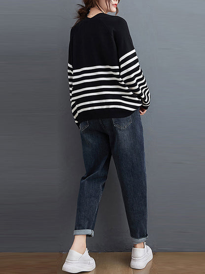 Casual Loose Black V-Neck Contrast Color Striped Long Sleeve Knit Sweater AN1035 Genistyle Shop
