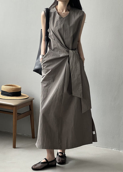 Pockets Grey V Cotton Long Sleeveless Design Dress Neck Original FashionChic