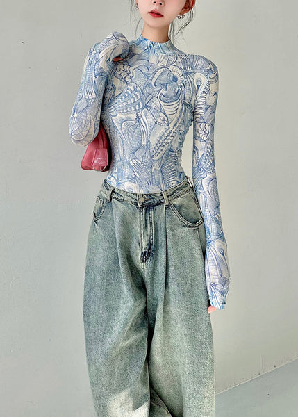 Original Design Blue Half High Neck Print Tulle T Shirts Fall AN1022 Genistyle Shop