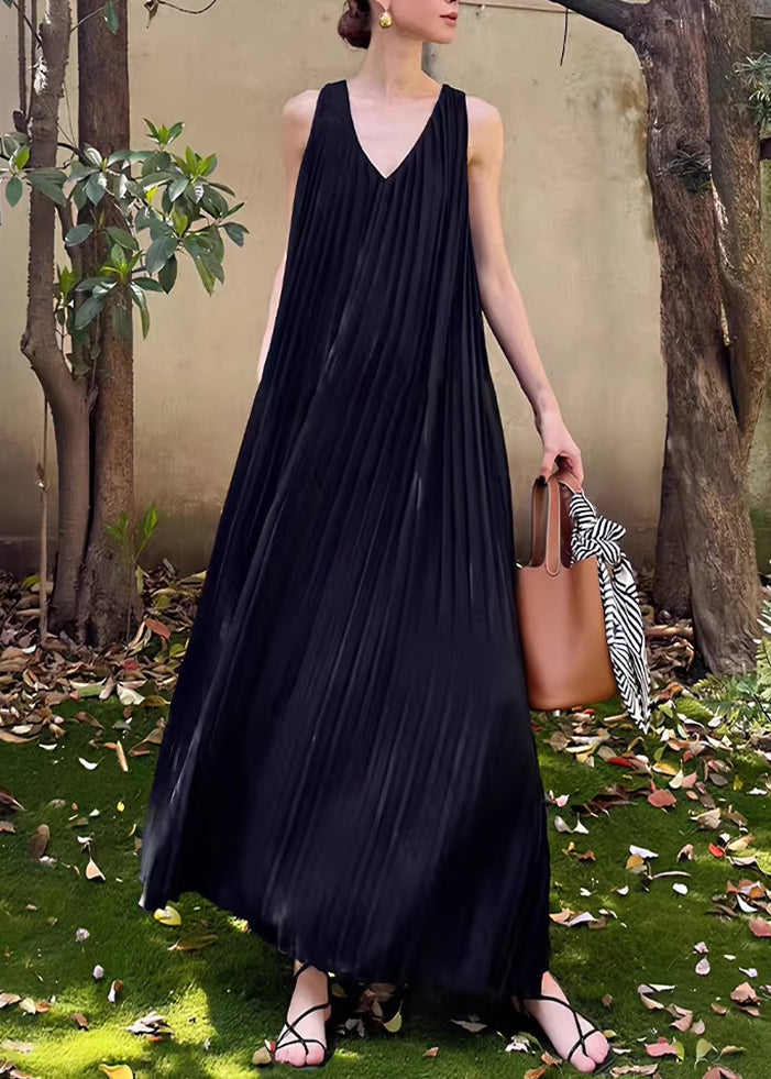 Wrinkled Summer Neck Chiffon Dresses V Long Pockets Black FashionChic