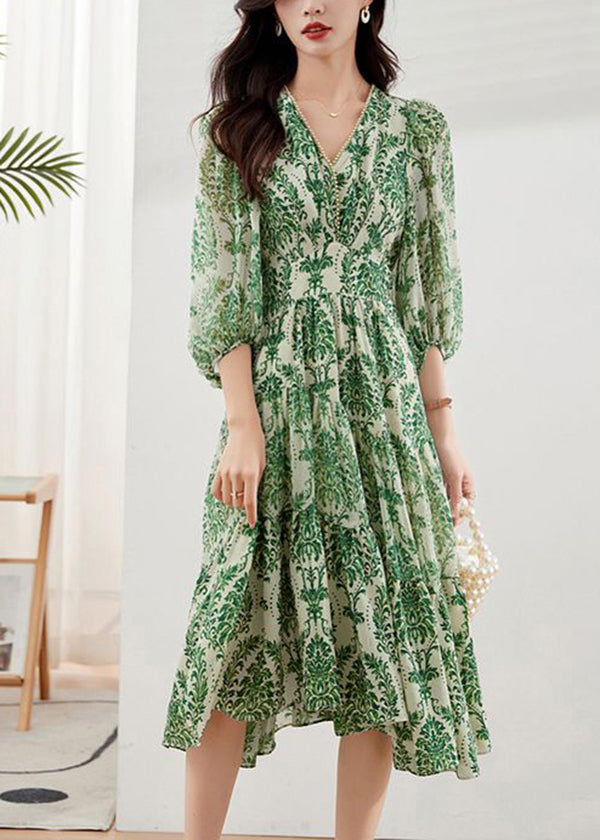 V Green Handmade Neck Bracelet Print Dresses Chiffon Vacation FashionChic
