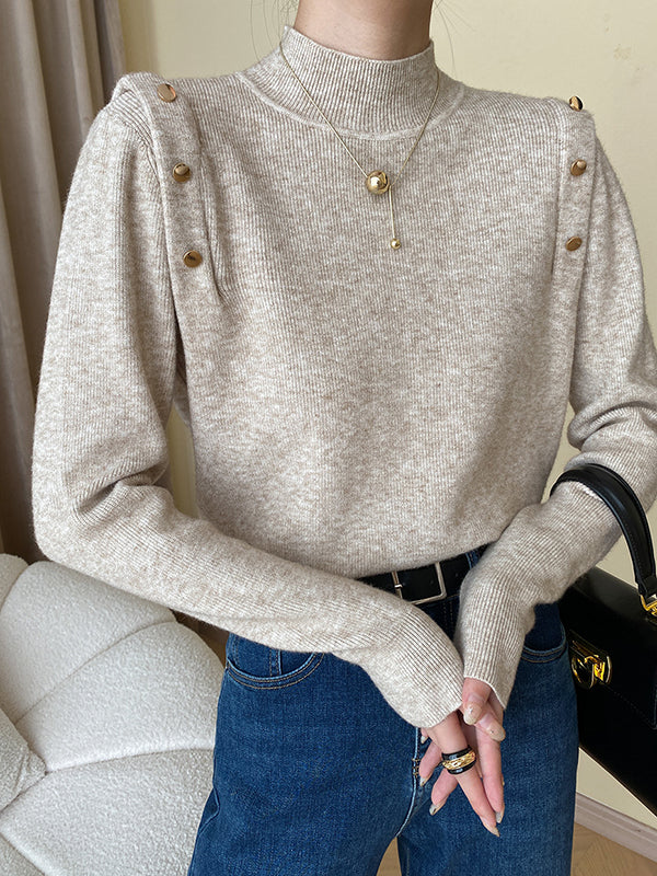 Elegant Grey High-Neck Buttoned Decor Long Sleeve Knit Sweater AN1050 Genistyle Shop