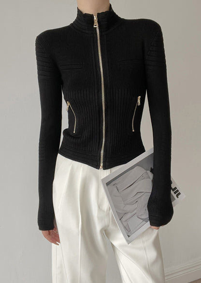 Chic White Stand Collar Zip Up Patchwork Woolen Knit Cardigans Winter RV036 ABC