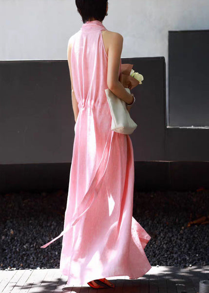 Waist Simple Tie Pockets Pink Sleeveless Dresses Linen Long FashionChic