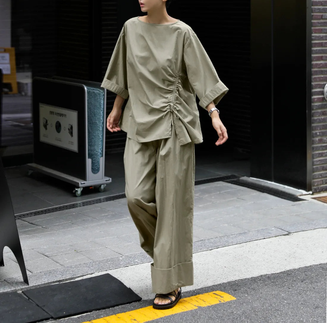 Casual Cotton Top Drawstring Sleeve Khaki Half Asymmetrical FashionChic