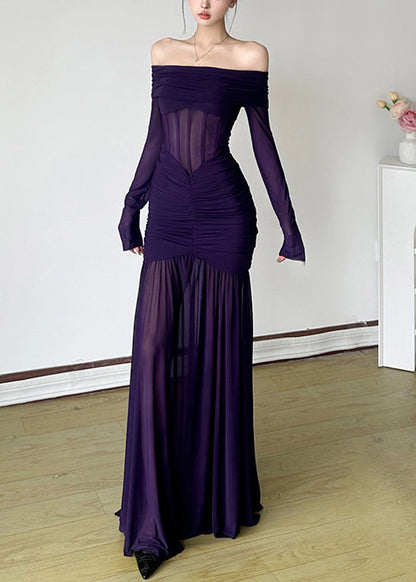Slash Dresses Stylish Wrinkled Spring Neck Tulle Maxi Purple FashionChic