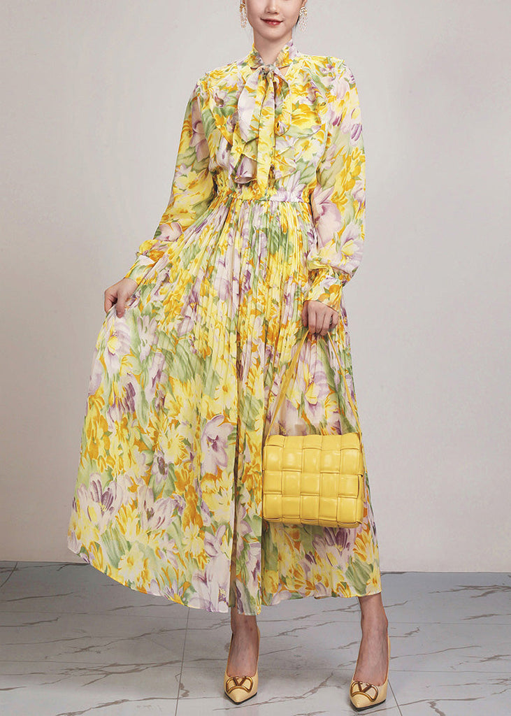 Beautiful Yellow Print Lace Up Chiffon Long Dress Long Sleeve AR1037 JDML-240823