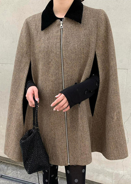 Plus Size Brown Peter Pan Collar Zippered Woolen Coats Winter WV009 ABC