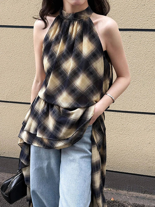 Asymmetric Khaki Plaid Neck Sleeveless Top High-Low Uniaue Halter FashionChic