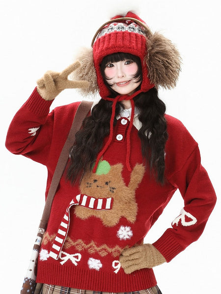 Daily Accents Motifs Strap Sweater Christmas Kawaii with Cat Striped Red/Apricot FashionChic