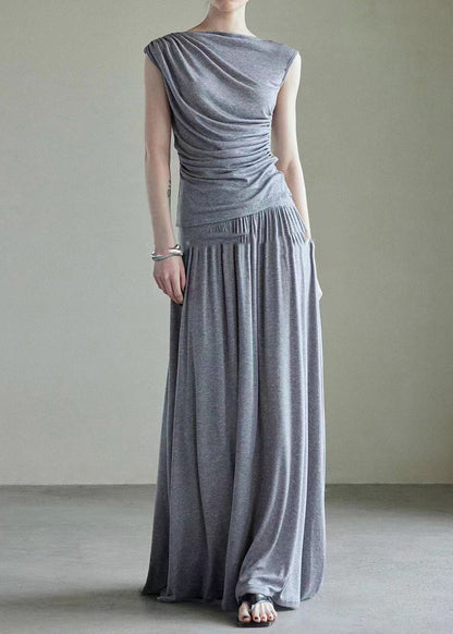 Handmade Grey Slash Neck Vest And Maxi Skirts Cotton Two Piece Set Sleeveless AJ1034 shopify