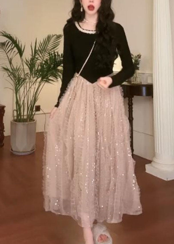 French Colorblock O Neck Patchwork Tulle Long Dress Fall QX035 shopify