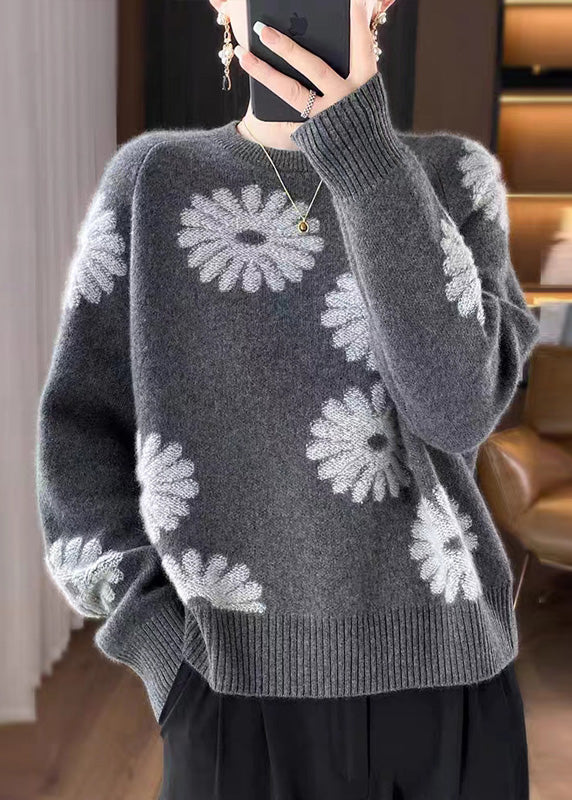 Loose Coffee O-Neck Print Wool Knit Sweaters Fall QP043 OL-NTP241001