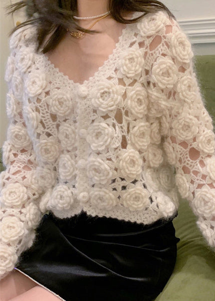 Floral Beige Button Hollow Out Cotton Knit Coats Spring AJ1025 shopify