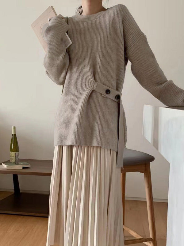 Chic Green Round-Neck Bandage Long Sleeve Knit Sweater AN1036 Genistyle Shop