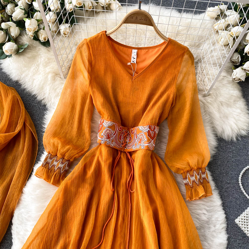 Retro Orange V Neck Splicing Embroidered Waistband Lantern Sleeve Dress AR1013 shopify