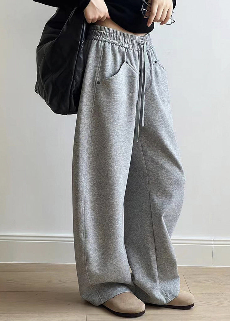 Casual Grey Pockets Drawstring Elastic Waist Cotton Pants Fall AF1072 HS-LPTS240914