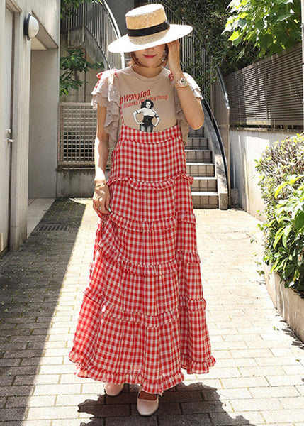 neck Plaid Sleeveless Button Stylish Dresses Layered Red Slash FashionChic