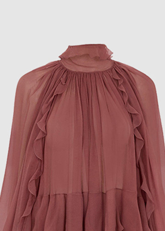 Chiffon Patchwork Tops Brick French Fall Ruffled Shirt Red FashionChic