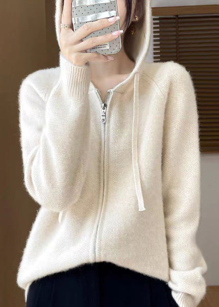 Elegant Beige Hooded Zippered Solid Cotton Knit Coat Fall QX027 shopify