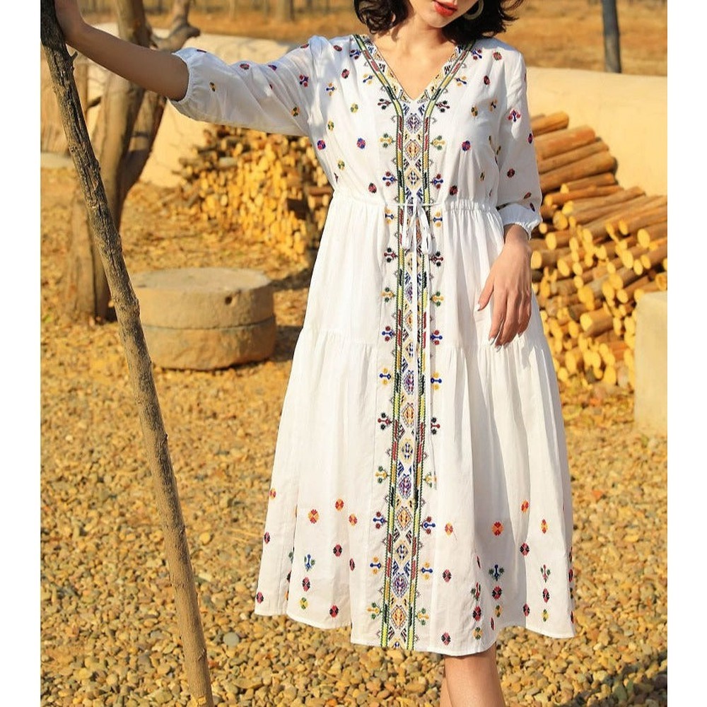Boho White V-neck Floral Embroidery Lace-up Three-quarter Sleeves Dress AR1020 shopify