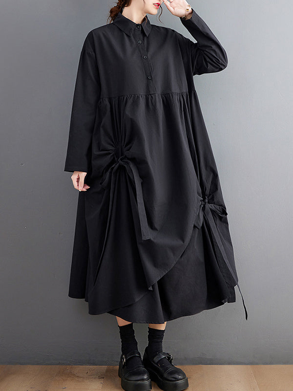 Stylish Black Lapel Buttoned Drawstring Pleated Tied Pockets Sleeves Shirt Dress WS004 shopify