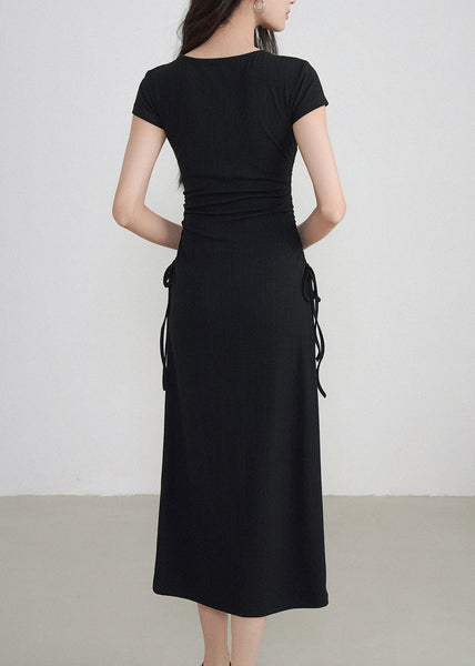 Classy Black V Neck Cinched Maxi Dresses Short Sleeve EE033 shopify