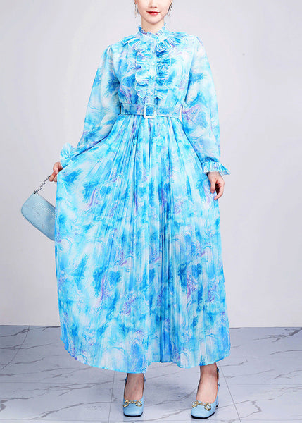 Fitted Blue Ruffled Print Sashes Chiffon Dresses Long Sleeve AO1071 JDML-FDL240909