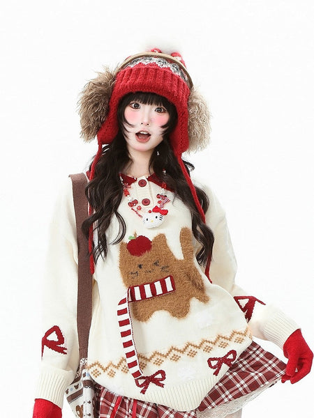 Daily Accents Motifs Strap Sweater Christmas Kawaii with Cat Striped Red/Apricot FashionChic