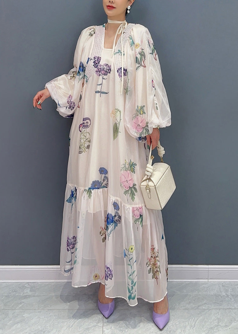 Bohemian White Print Chiffon Long Dresses Lantern Sleeve AR1027 JDML-240823
