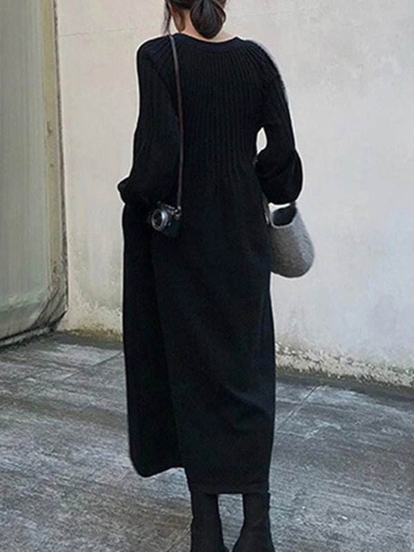 Causal Loose Grey V-Neck Pleated Long Puff Sleeve Knit Dress AN1038 Genistyle Shop