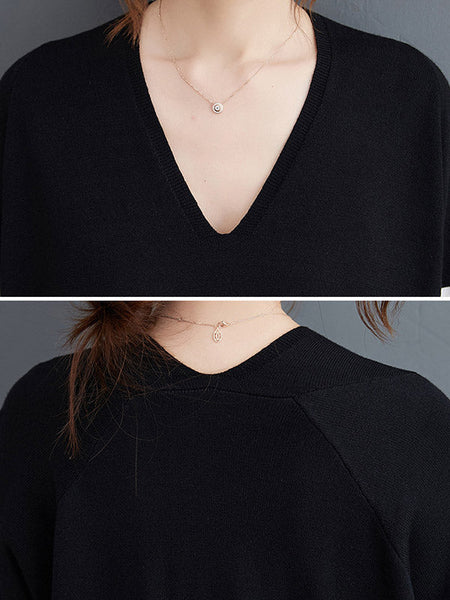 Casual Loose Black V-Neck Contrast Color Striped Long Sleeve Knit Sweater AN1035 Genistyle Shop