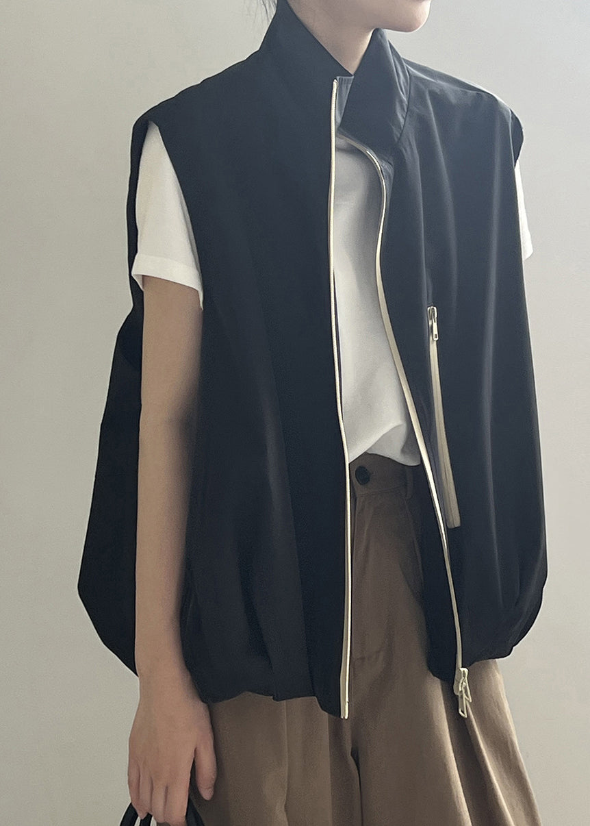 Boutique Khaki Stand Collar Zip Up Wrinkled Vest Sleeveless WD018 HS-VTP241103