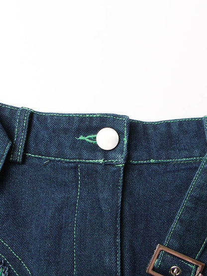 Denim Shiny Waisted Skirt A-Line Green Belted Chic High Tulle FashionChic