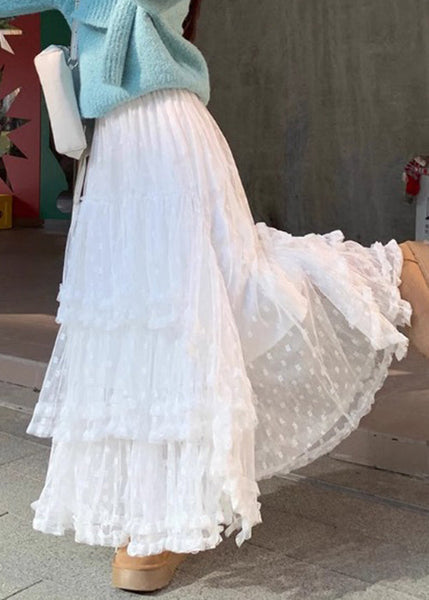 White Skirts French Ruffled High Lace Waist Spring FashionChic